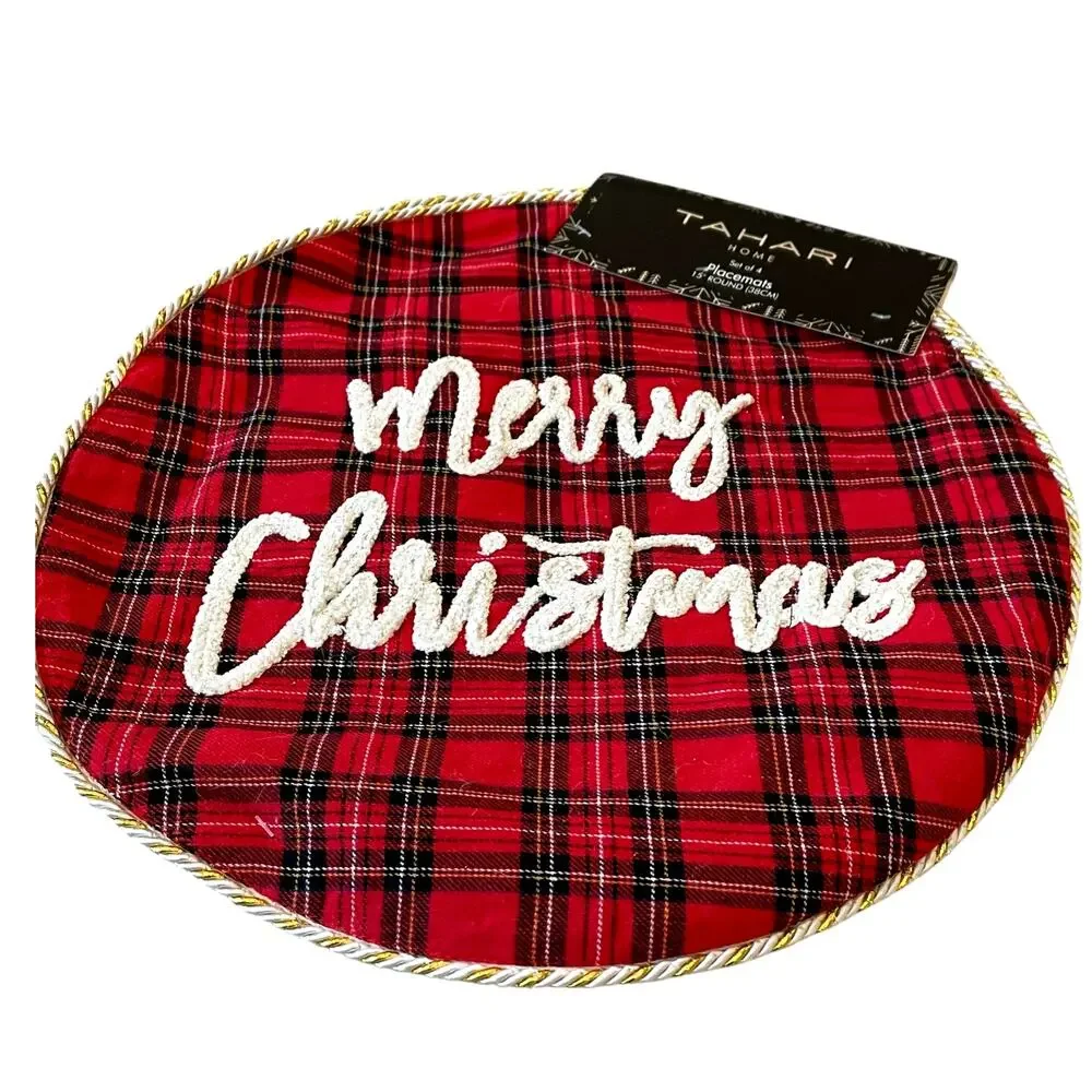 Tahari MERRY CHRISTMAS Red Tartan Plaid Placemats 15in Set of 4 Holiday New